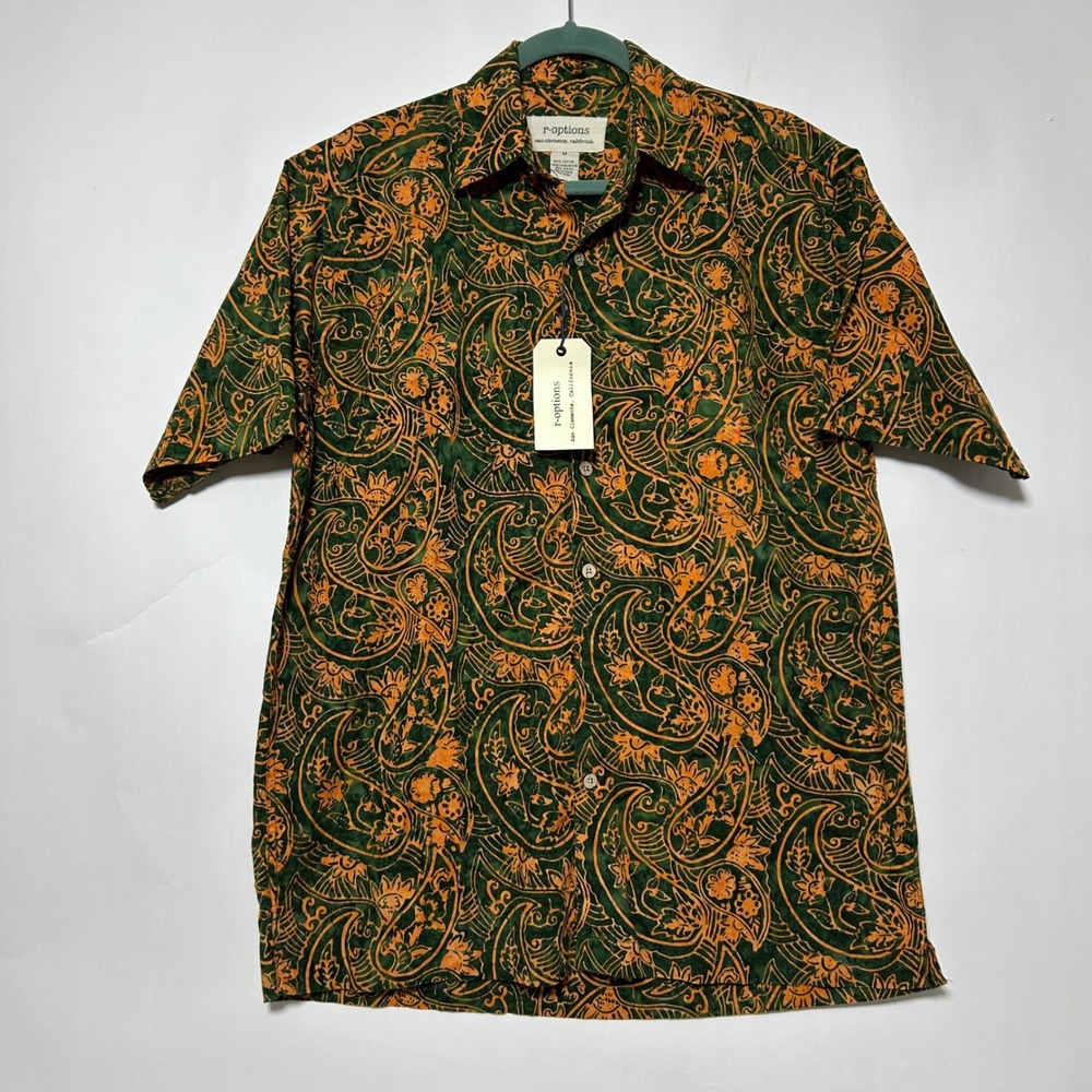 R-Options Sport Shirt Mens M Green Orange Paisley Batik Cotton Boho Coastal Bali